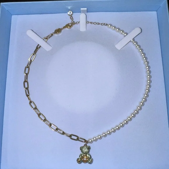 Swarovski Gold and Pearl Teddy Bear Pendant Necklace - Picture 2 of 4